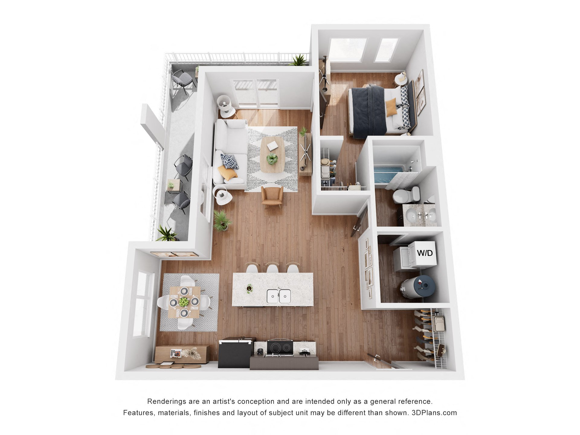 Floor plan for 1 bed, 1 bath, 725 sqft
